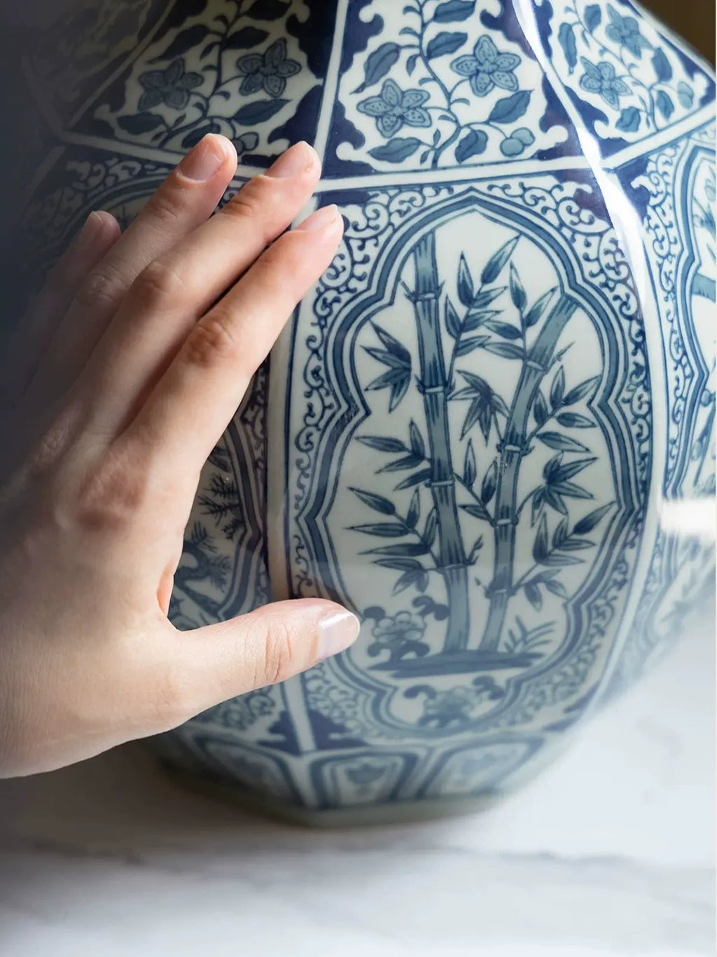 Ornamental blue and white ceramic vase for Oriental-inspired interior decor
