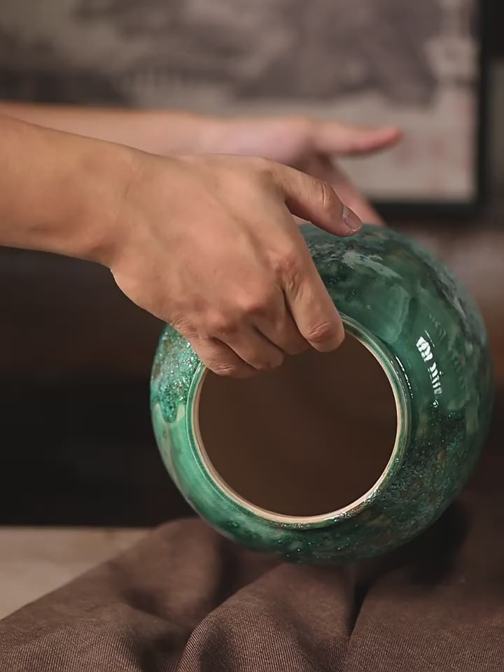 Medium handmade ceramic vase with irregular green crackle glaze, vintage rustic home art piece