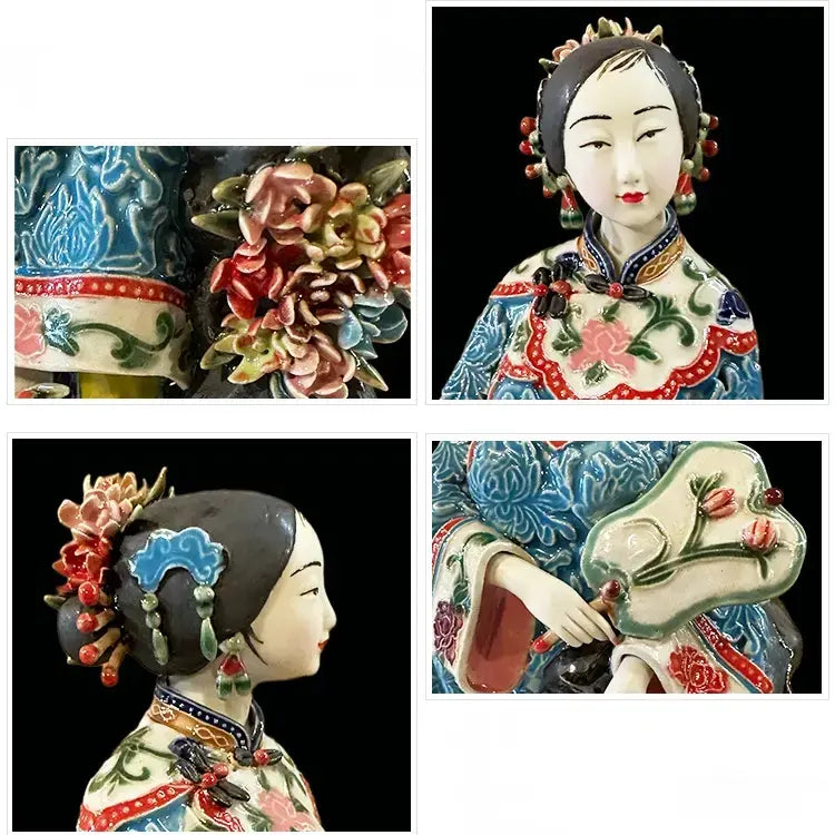 Ceramic lady figurine recreating exquisite traditional Qing dynasty clothing and hair ornaments