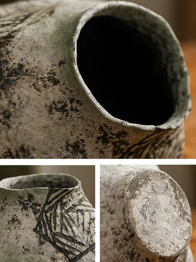 Raw earthenware coarse pottery vase, handmade uneven shape, wabi sabi aesthetic room ornament