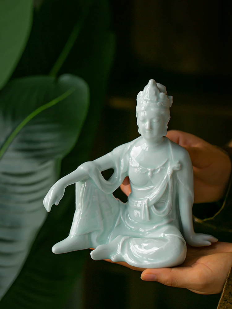 Reclining Guanyin ceramic statue matching oriental tea culture, peaceful ornament for tea space arrangement