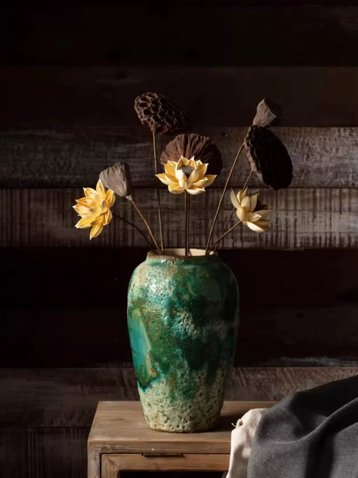 Hand-thrown kaolin clay vase fired at 1300 degree, vintage green textured vessel for dried flowers