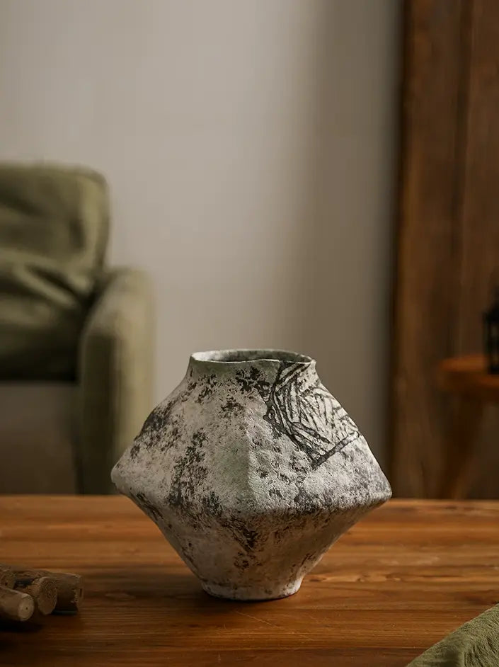 Rustic minimalist ceramic vase handcrafted in Jingdezhen, irregular hand shaped coarse pottery