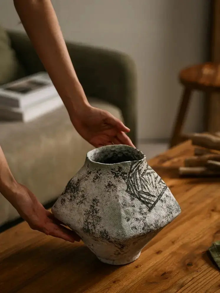 Rustic textured coarse pottery vase made in Jingdezhen, wabi sabi aesthetic tabletop decor