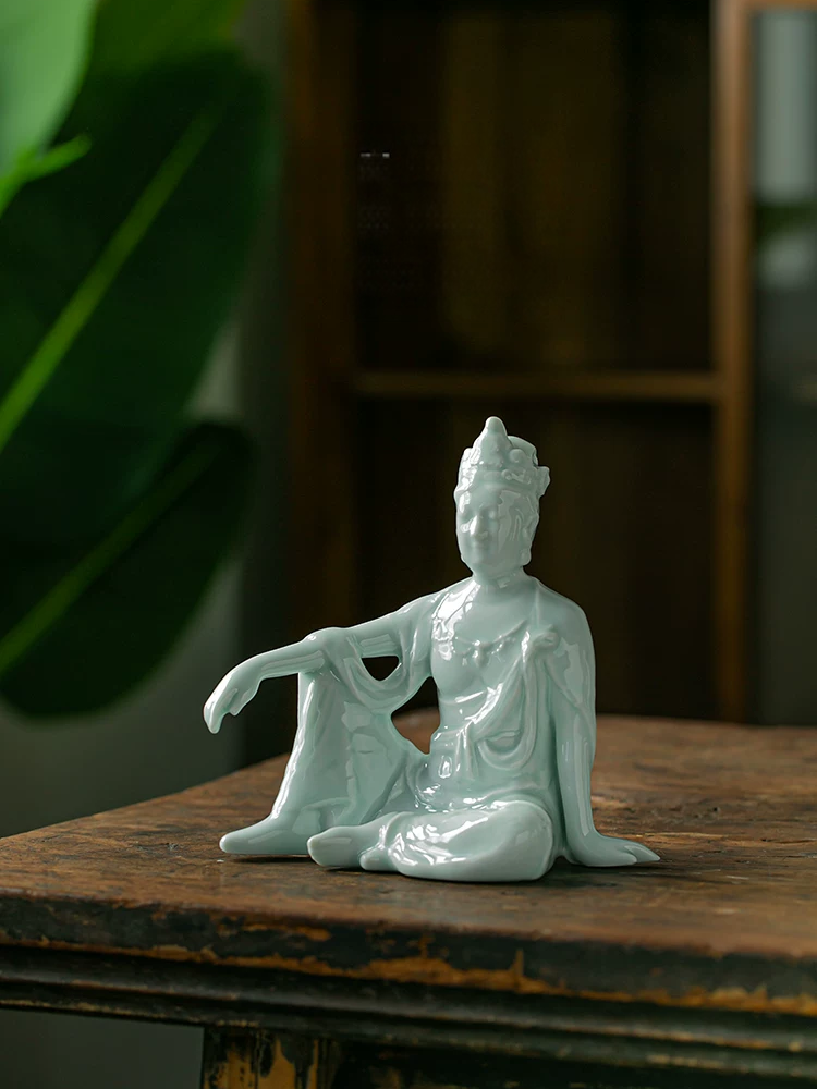Serene Reclining Guanyin ceramic sculpture, handmade porcelain ornament to bring calm ambiance to living room