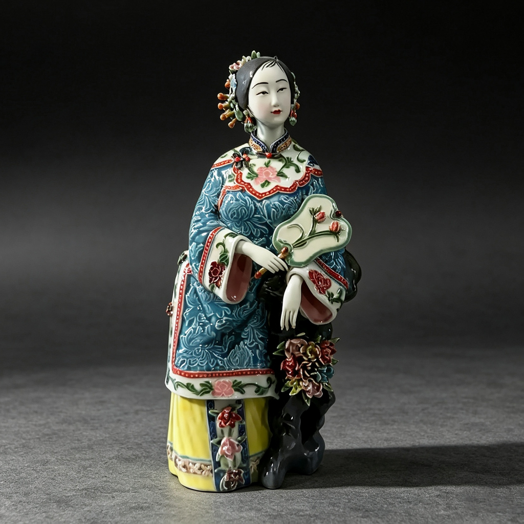 Handmade Shiwan ceramic figurine of Qing dynasty noble lady, oriental folk art sculpture