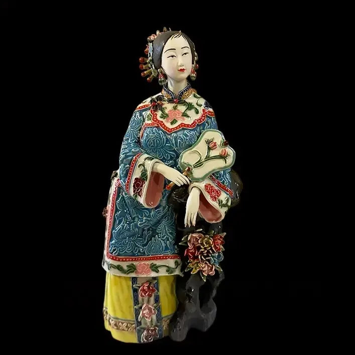 Classic Shiwan folk pottery art piece, Qing dynasty lady statue for shelf display