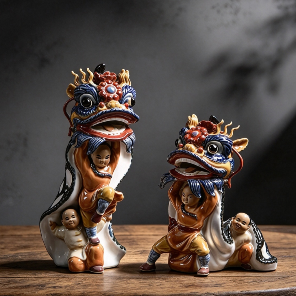 Shiwan pottery waking lion figurine, Chinese intangible cultural heritage pottery sculpting craft, traditional folk art statue in two sizes