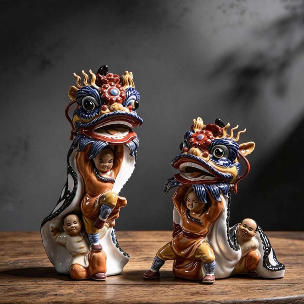 Shiwan pottery waking lion figurine, Chinese intangible cultural heritage pottery sculpting craft, traditional folk art statue in two sizes