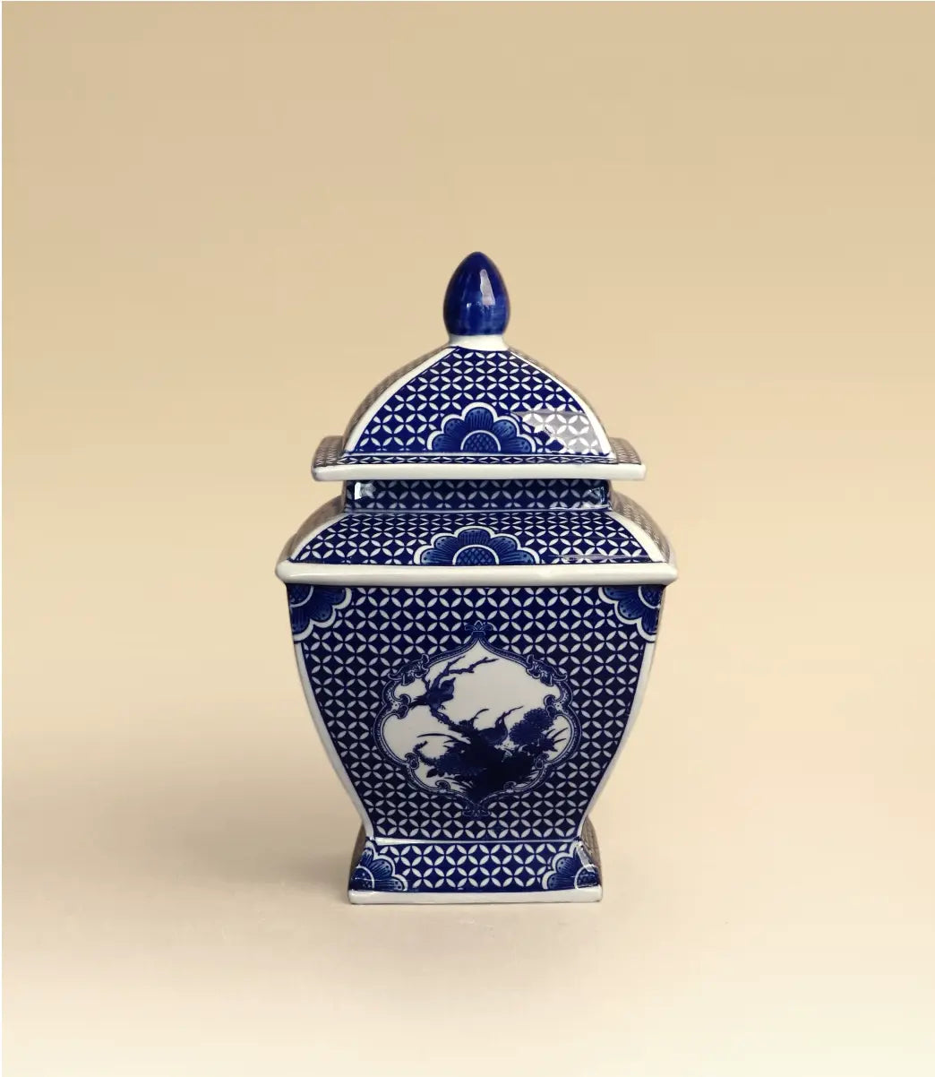 Square lidded porcelain jar crafted from kaolin clay, underglaze hand painted window floral bird motif, classic oriental tabletop ornament