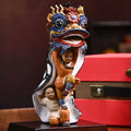 Pair of Shiwan pottery waking lion figurines in tall and short sizes, Chinese intangible heritage folk ceramic table decor