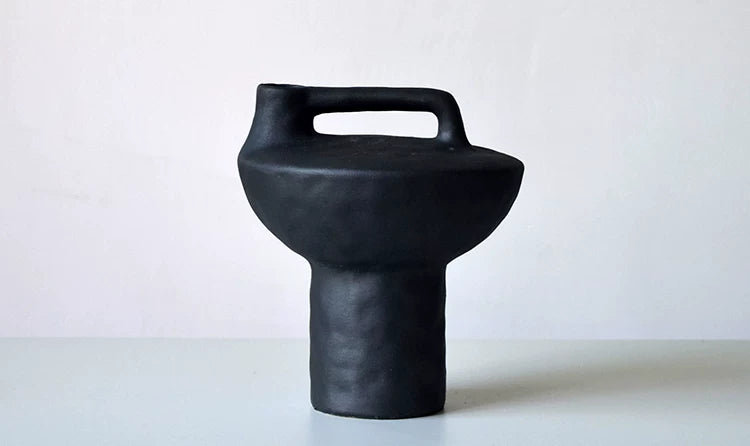 Tea room decorative sculpture ceramic vase with hollow handle, handmade rough pottery for zen interior styling