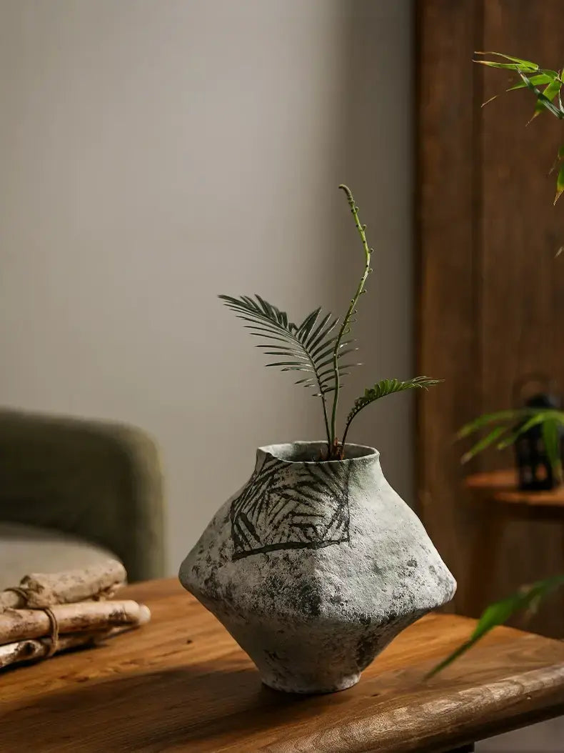 Textured handmade ceramic vase, irregular hand formed shape, minimalist wabi sabi table decor