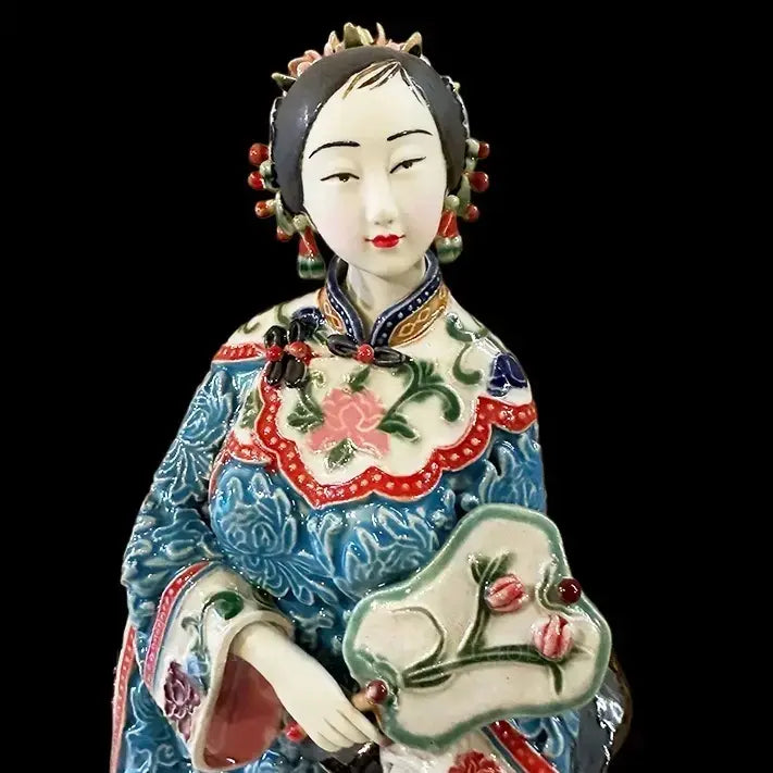 Shiwan pottery lady sculpture with authentic Qing dynasty embroidered costume details