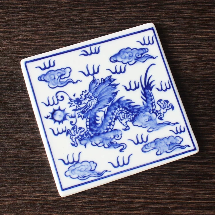 Traditional tea table coaster with classic blue-and-white porcelain aesthetic and easy-clean surface