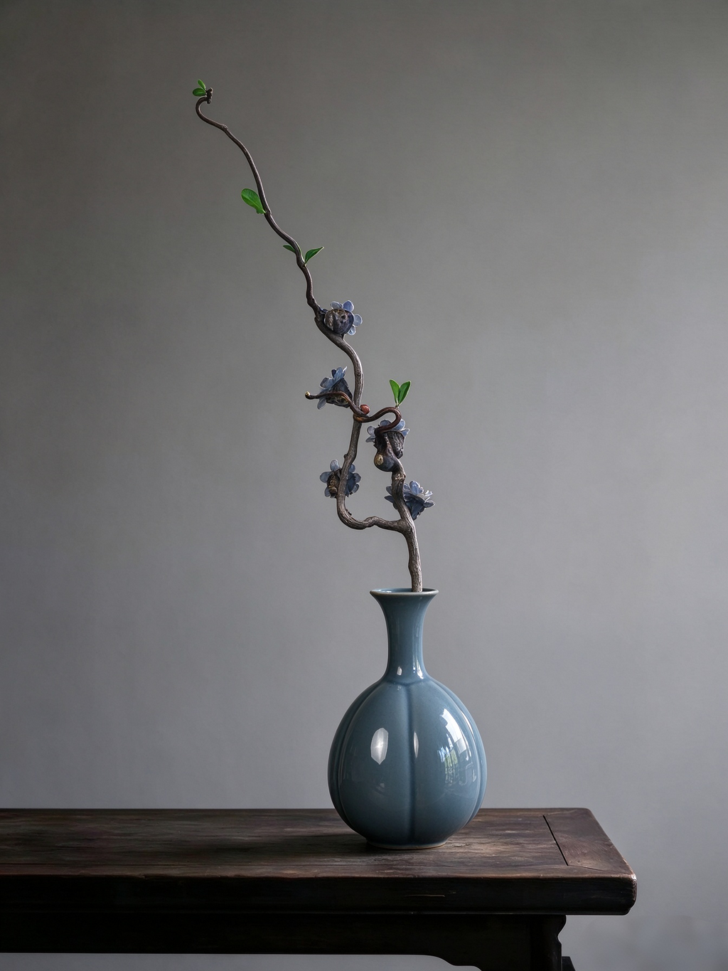 Blue glazed melon porcelain vase with twisted resin branch, hand inlaid natural stone flowers, oriental tabletop art decor