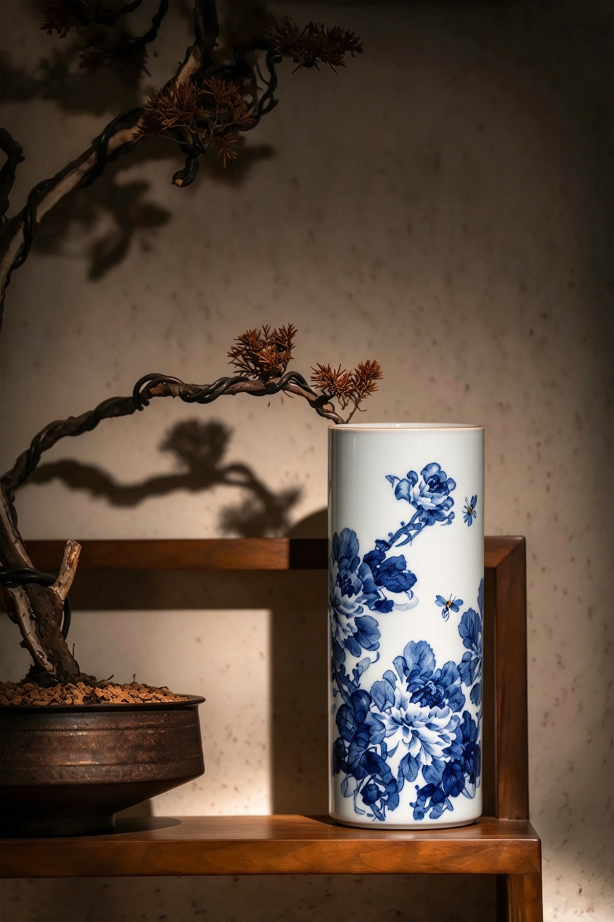 Underglaze blue straight vase with lotus painting on one side and Chinese calligraphy on reverse