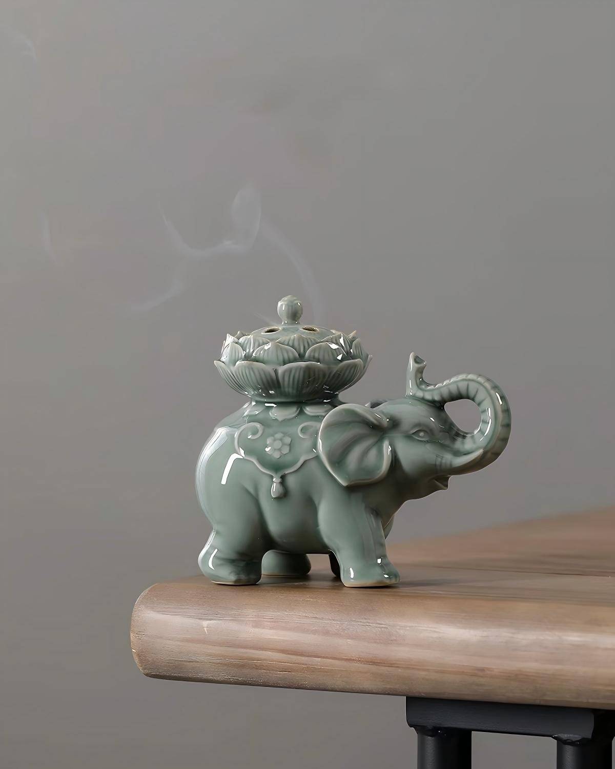 Vintage style ceramic elephant censer with lotus incense cover, translucent glaze, dual-use for incense burning and interior decoration