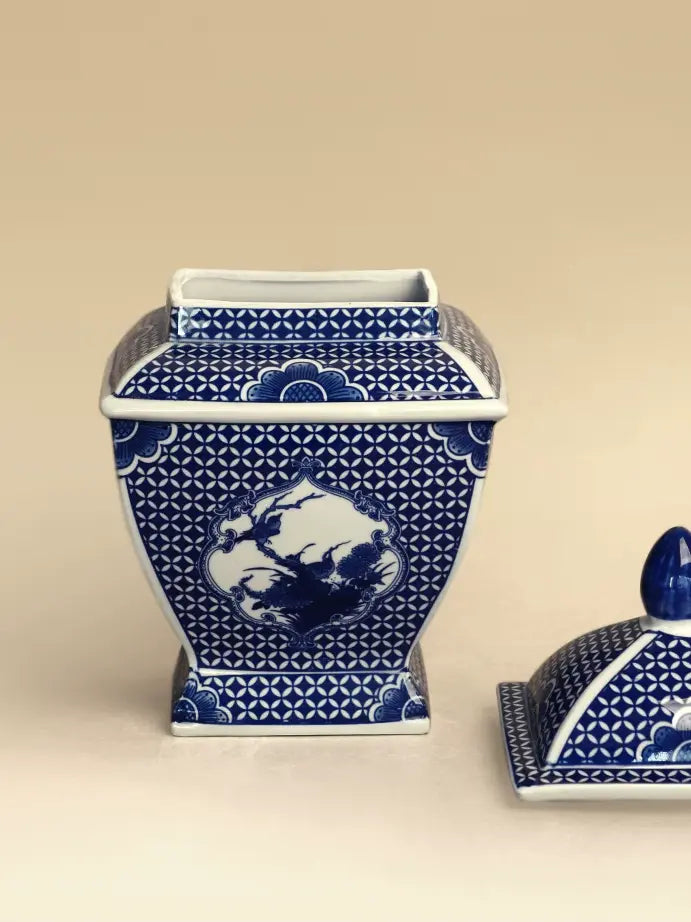 Vintage style Jingdezhen porcelain jar, underglaze hand drawing, oriental ornament for tea room and display cabinet