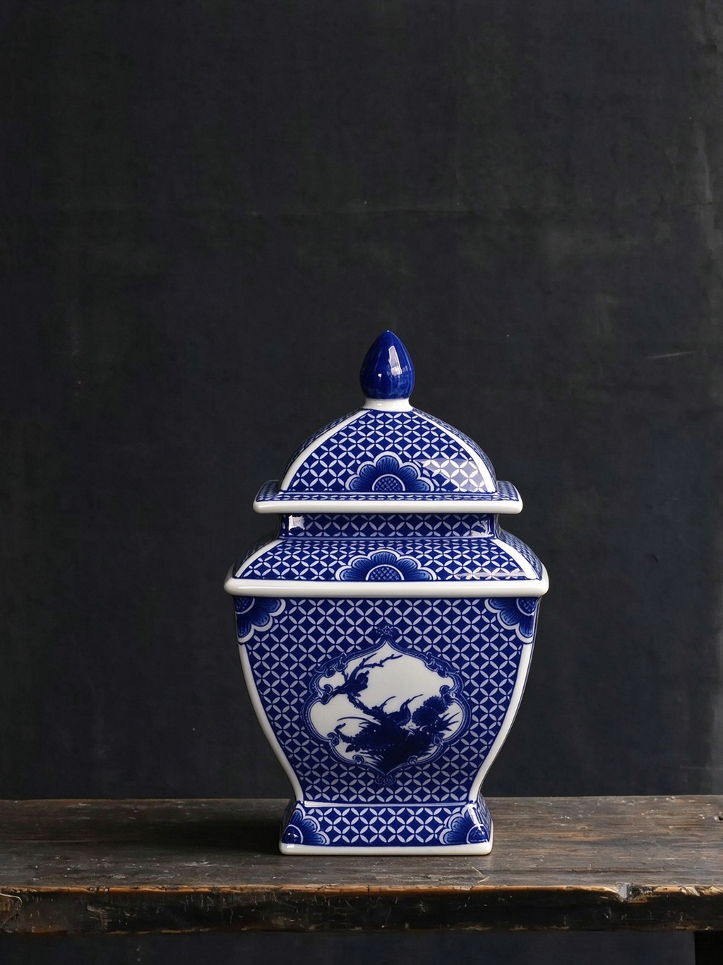 Kaolin clay handmade blue and white porcelain jar with matching lid, hand drawn window framed bird and flower art, ancient Chinese ceramic craft