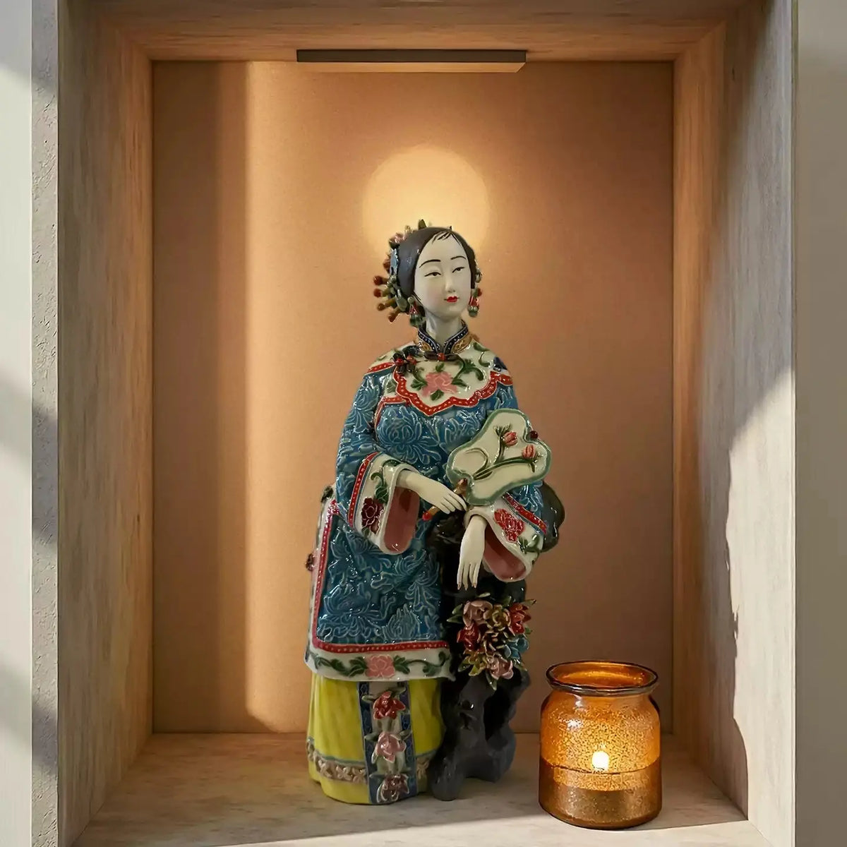 Hand-painted glazed Shiwan ceramic lady statue, traditional Chinese home decor ornament