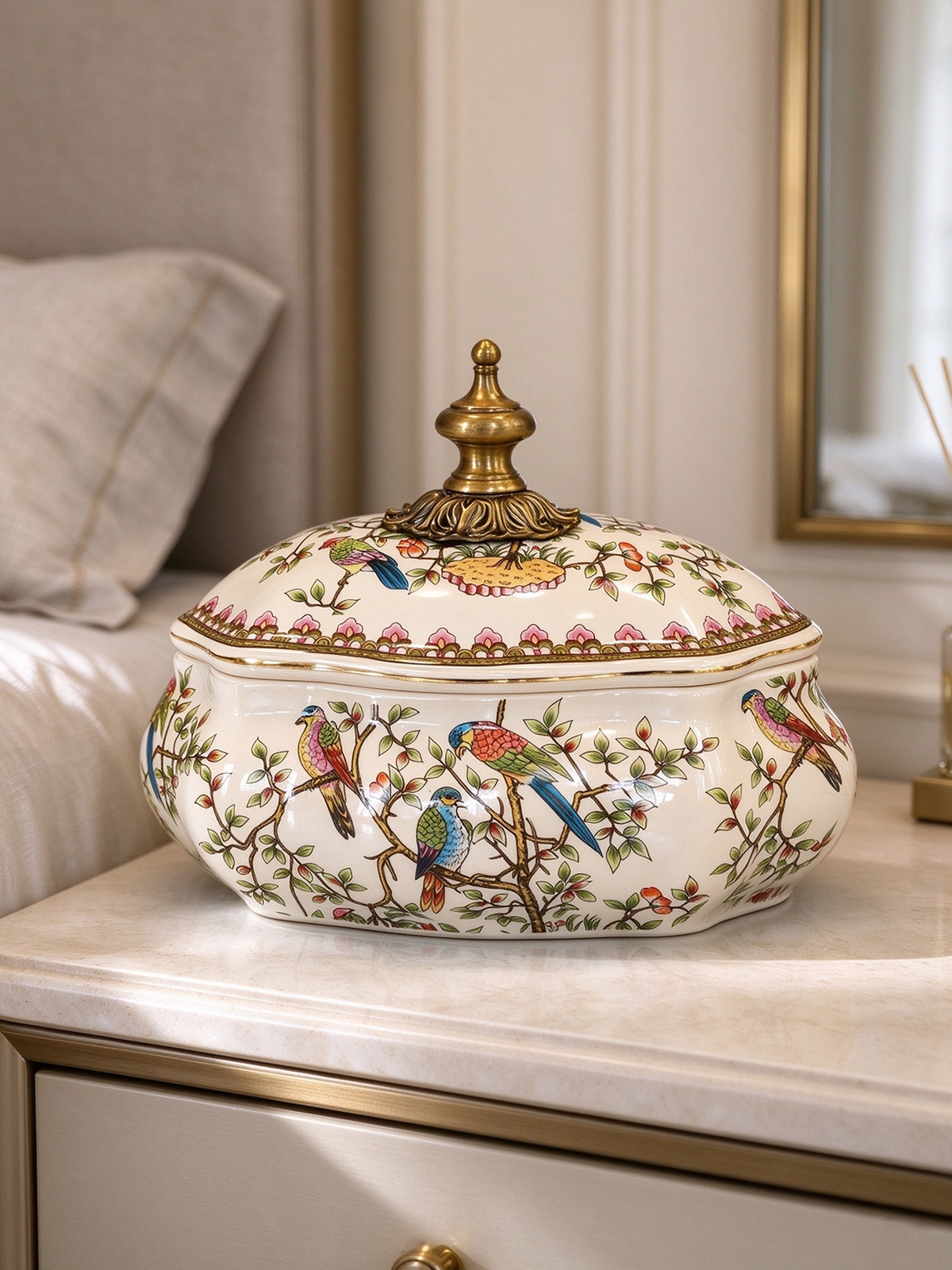 Vintage style ceramic keepsake box painted with parrots and flowers, metal lid knob, decorative home storage container
