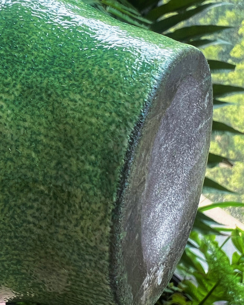 Wabi sabi style ceramic vessel with textured green glaze, fully glazed interior for easy cleaning, decorative tabletop ornament