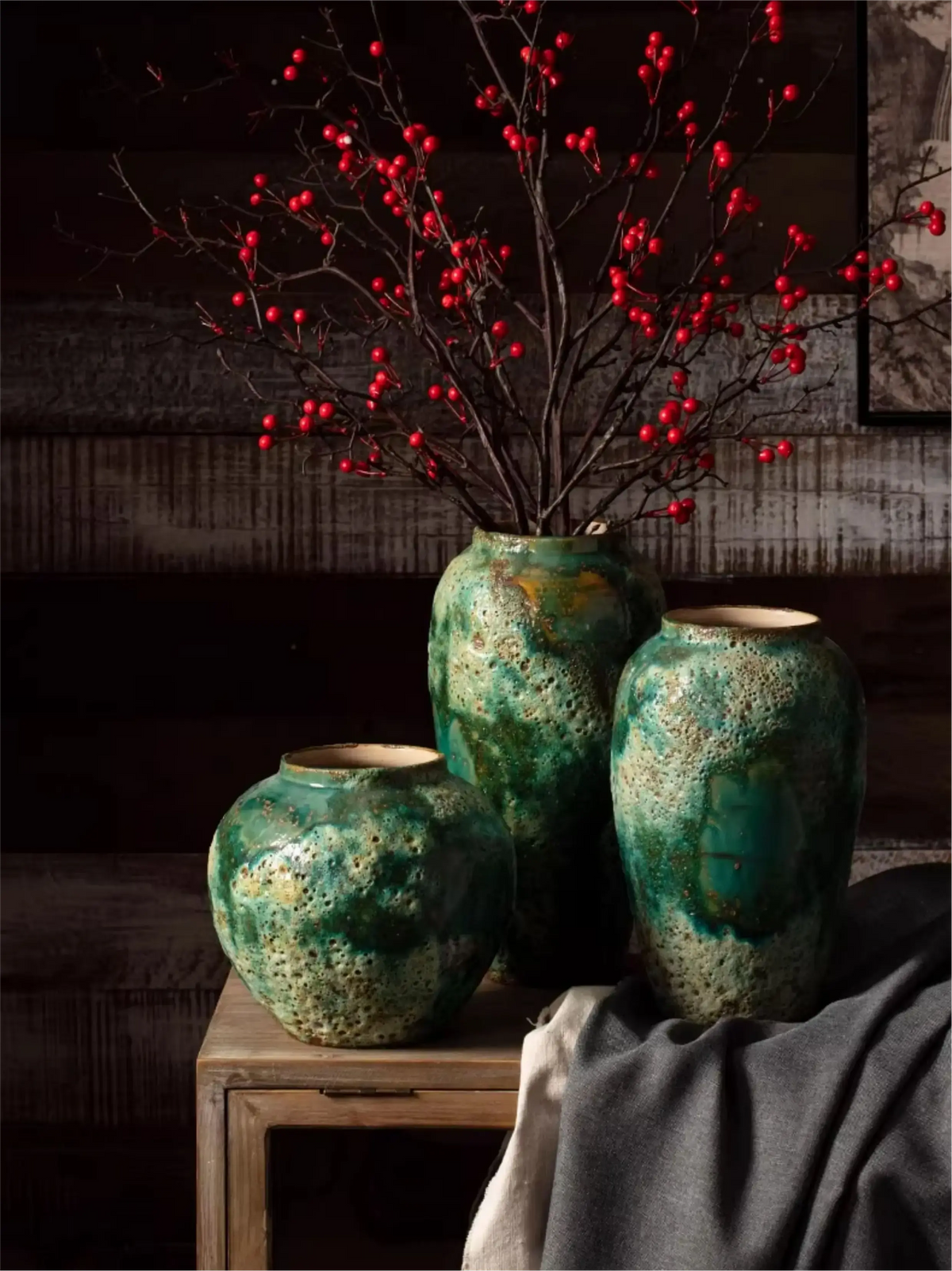 Wabi sabi ceramic vase set handmade in Jingdezhen, green crater glaze with crackle texture for home decor