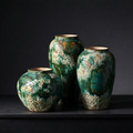 Wabi sabi ceramic vase set handmade in Jingdezhen, 3 sizes with textured green crater glaze for home styling