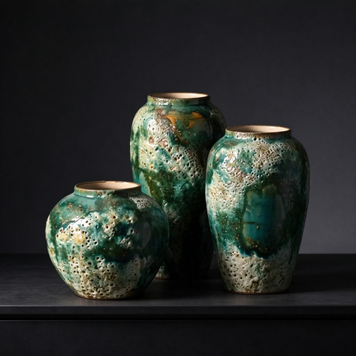 Wabi sabi ceramic vase set handmade in Jingdezhen, 3 sizes with textured green crater glaze for home styling