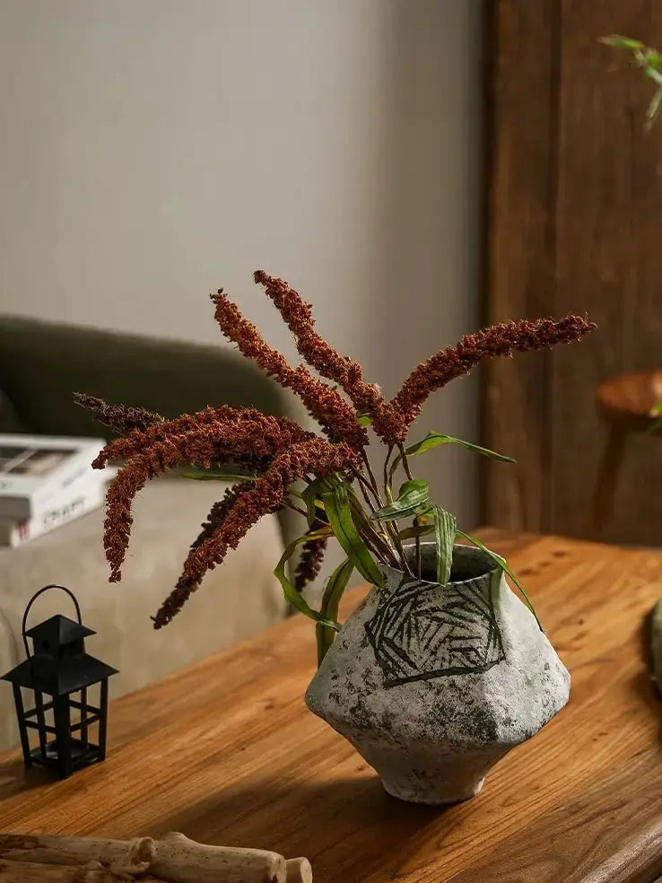 Wabi sabi tabletop ceramic vase, handmade coarse clay, irregular silhouette for minimalist interior
