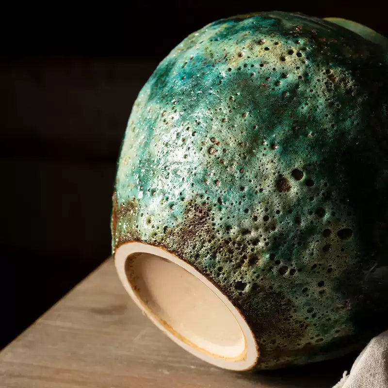 Wabi sabi textured green ceramic vase set group display, create quiet natural home atmosphere