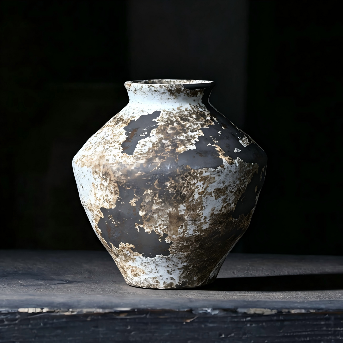 Wabi sabi handmade stoneware vase, mottled rust and charcoal textured glaze, top down overhead shot of ceramic vessel opening