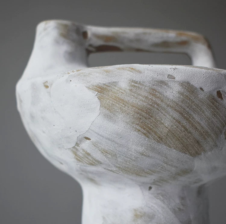 Weathered white and brown rough pottery vase with handle, vintage ceramic decor for tabletop