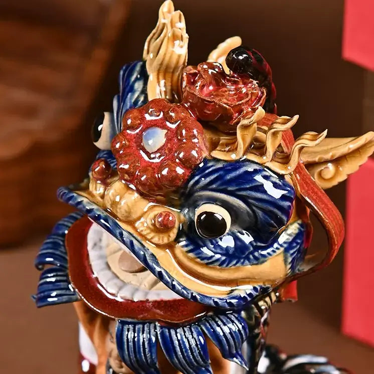Hand kneaded ceramic statue of Wong Fei-hung waking lion, vivid lion dance pose, Chinese folk culture tabletop decor