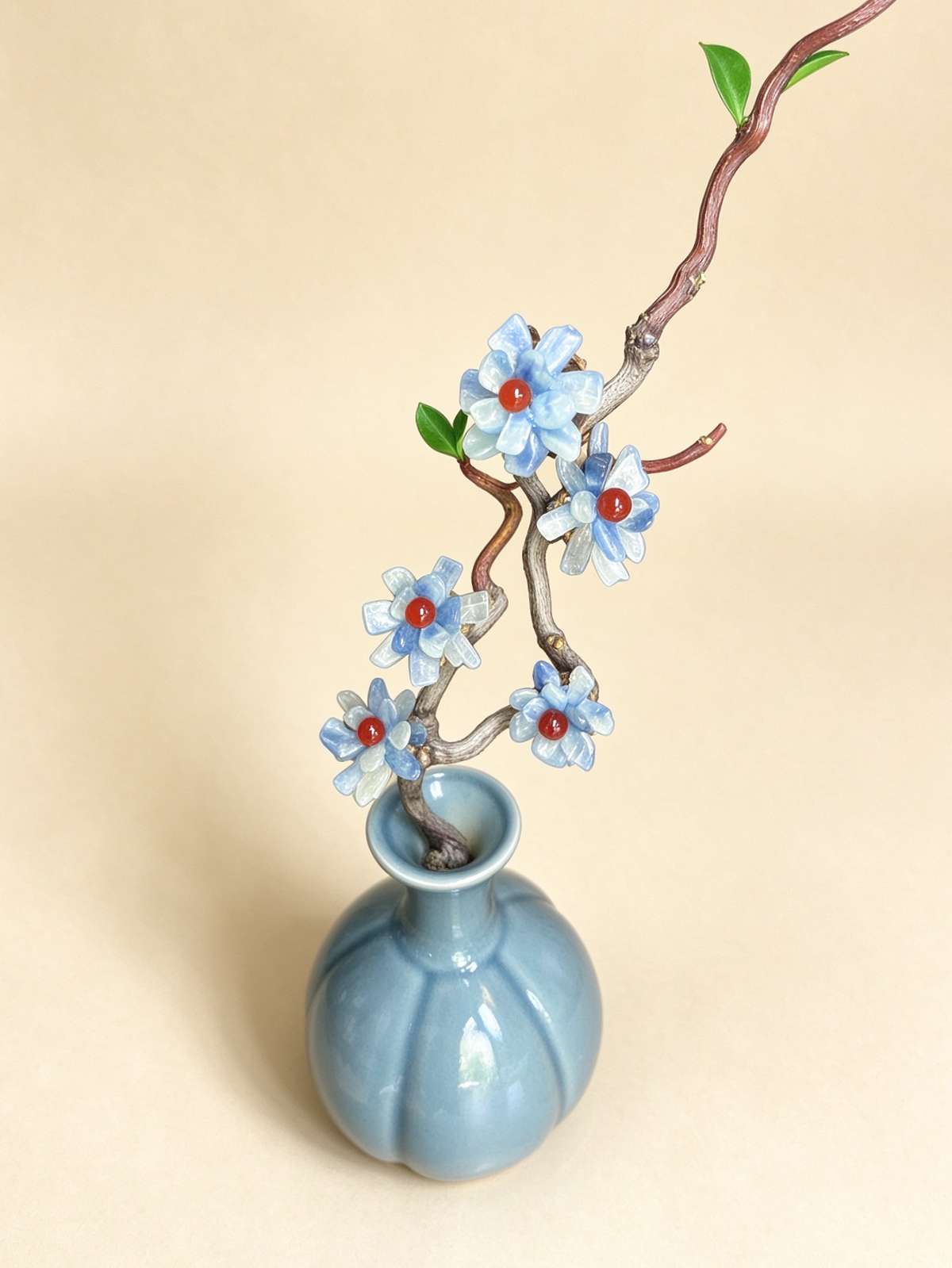 Chinese Song style blue glazed melon vase, handcrafted Jingdezhen porcelain with natural stone flower branch ornament