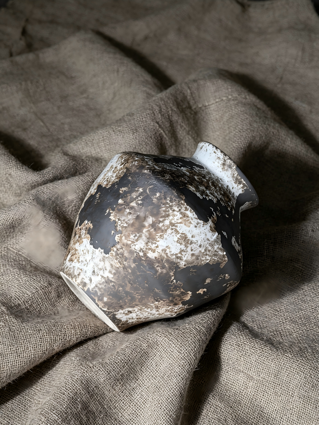 Close overhead shot of handmade rustic pottery jar, organic textured glaze for dried flower arrangement
