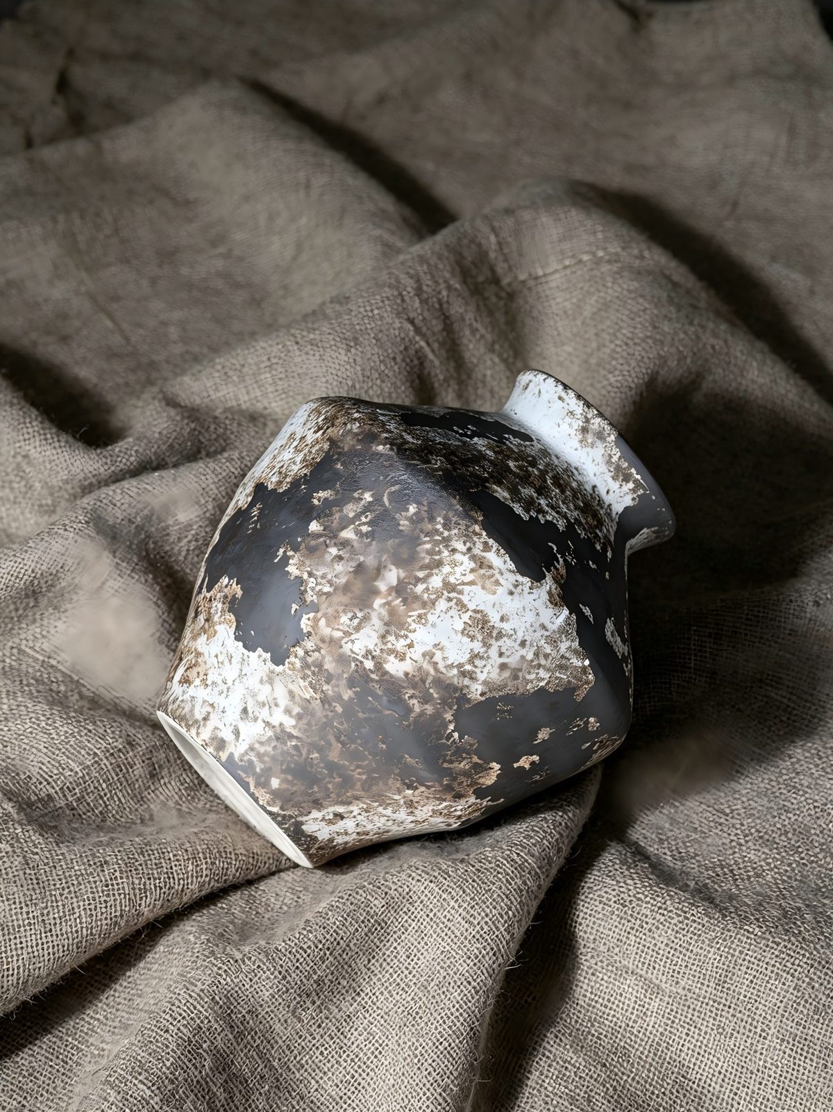 Close overhead shot of handmade rustic pottery jar, organic textured glaze for dried flower arrangement